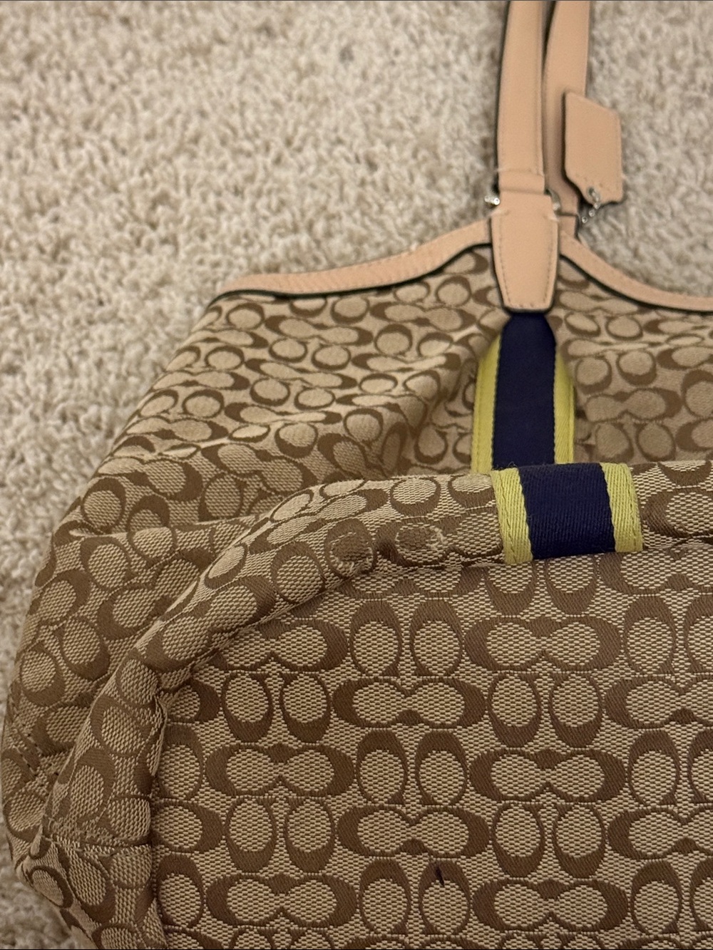 Coach Canvas Tote with Navy & Yellow Stripe Accents - Picture 5 of 16